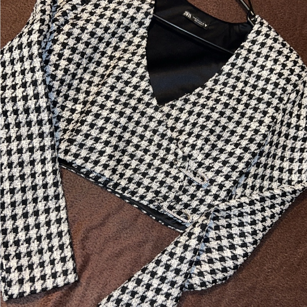 Zara Black and White Houndstooth Blazer